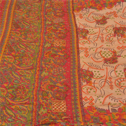 Sanskriti Vintage Beige Sarees 100% Pure Silk Hand Beaded Sari Craft Sustainable Fabric