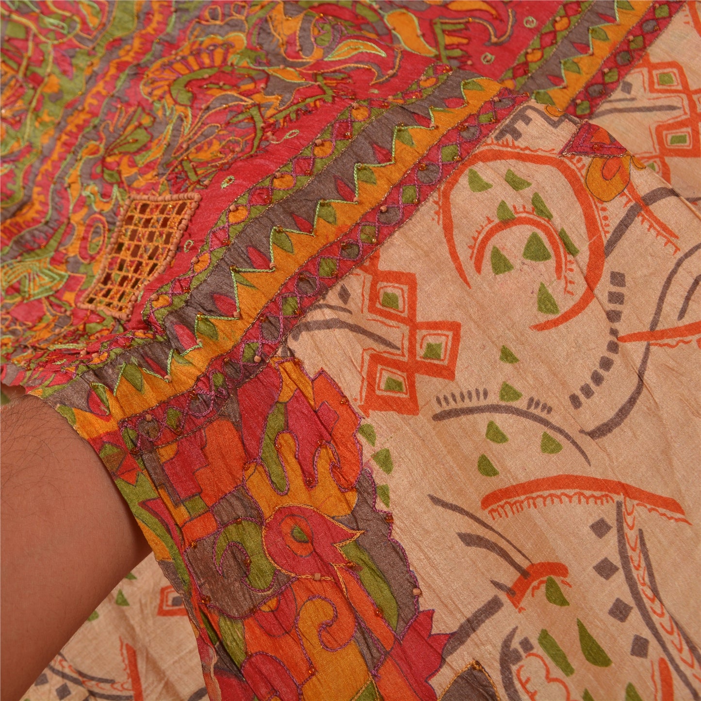 Sanskriti Vintage Beige Sarees 100% Pure Silk Hand Beaded Sari Craft Sustainable Fabric