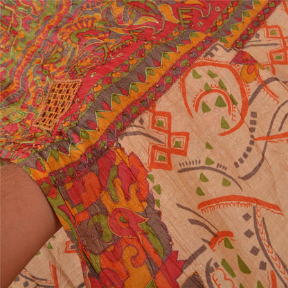 Sanskriti Vintage Beige Sarees 100% Pure Silk Hand Beaded Sari Craft Sustainable Fabric