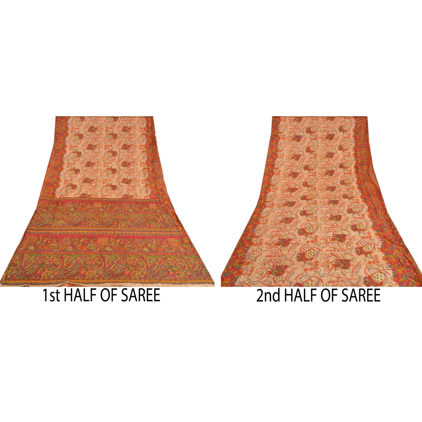 Sanskriti Vintage Beige Sarees 100% Pure Silk Hand Beaded Sari Craft Sustainable Fabric