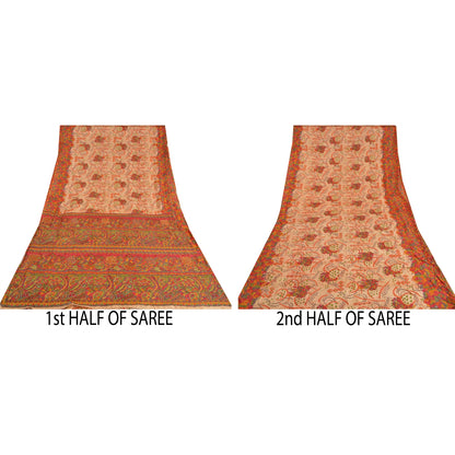 Sanskriti Vintage Beige Sarees 100% Pure Silk Hand Beaded Sari Craft Sustainable Fabric