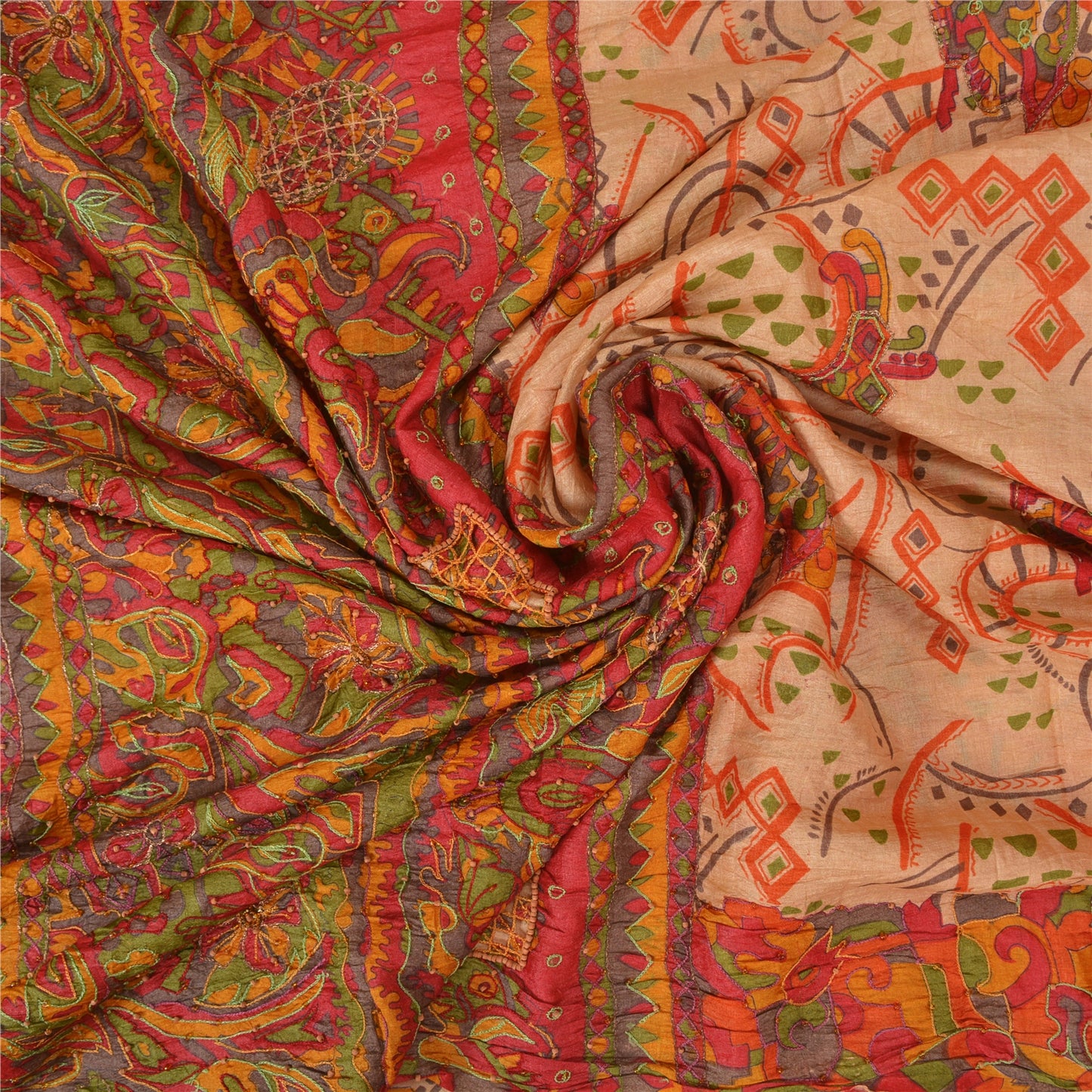 Sanskriti Vintage Beige Sarees 100% Pure Silk Hand Beaded Sari Craft Sustainable Fabric