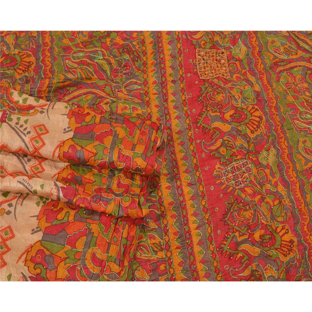 Sanskriti Vintage Beige Sarees 100% Pure Silk Hand Beaded Sari Craft Sustainable Fabric