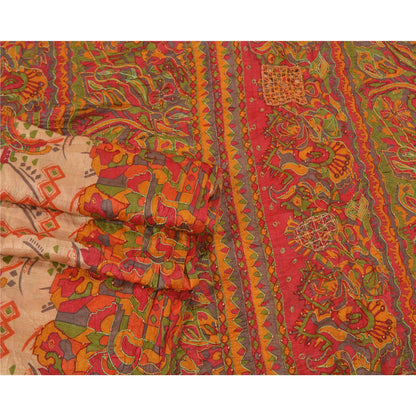 Sanskriti Vintage Beige Sarees 100% Pure Silk Hand Beaded Sari Craft Sustainable Fabric