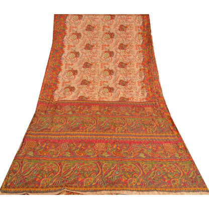 Sanskriti Vintage Beige Sarees 100% Pure Silk Hand Beaded Sari Craft Sustainable Fabric