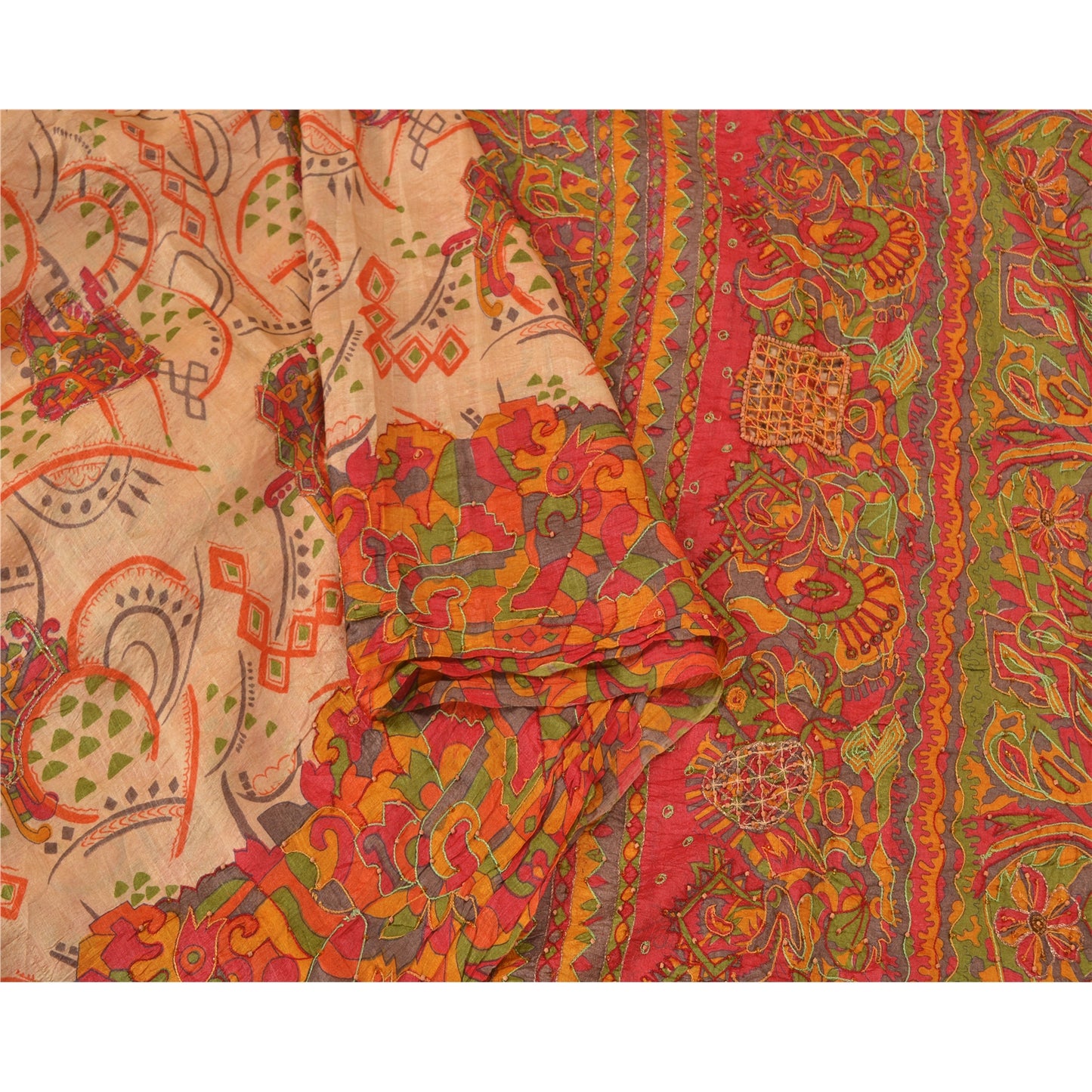 Sanskriti Vintage Beige Sarees 100% Pure Silk Hand Beaded Sari Craft Sustainable Fabric