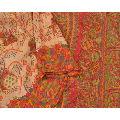Sanskriti Vintage Beige Sarees 100% Pure Silk Hand Beaded Sari Craft Sustainable Fabric