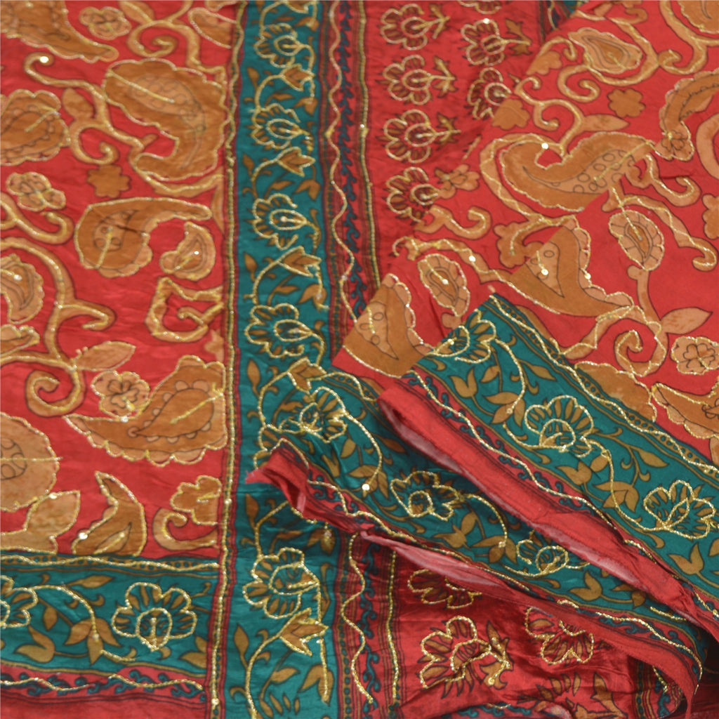 Sanskriti Vintage Red Indian Sarees 100% Pure Silk Hand Beaded Sari Craft Sustainable Fabric