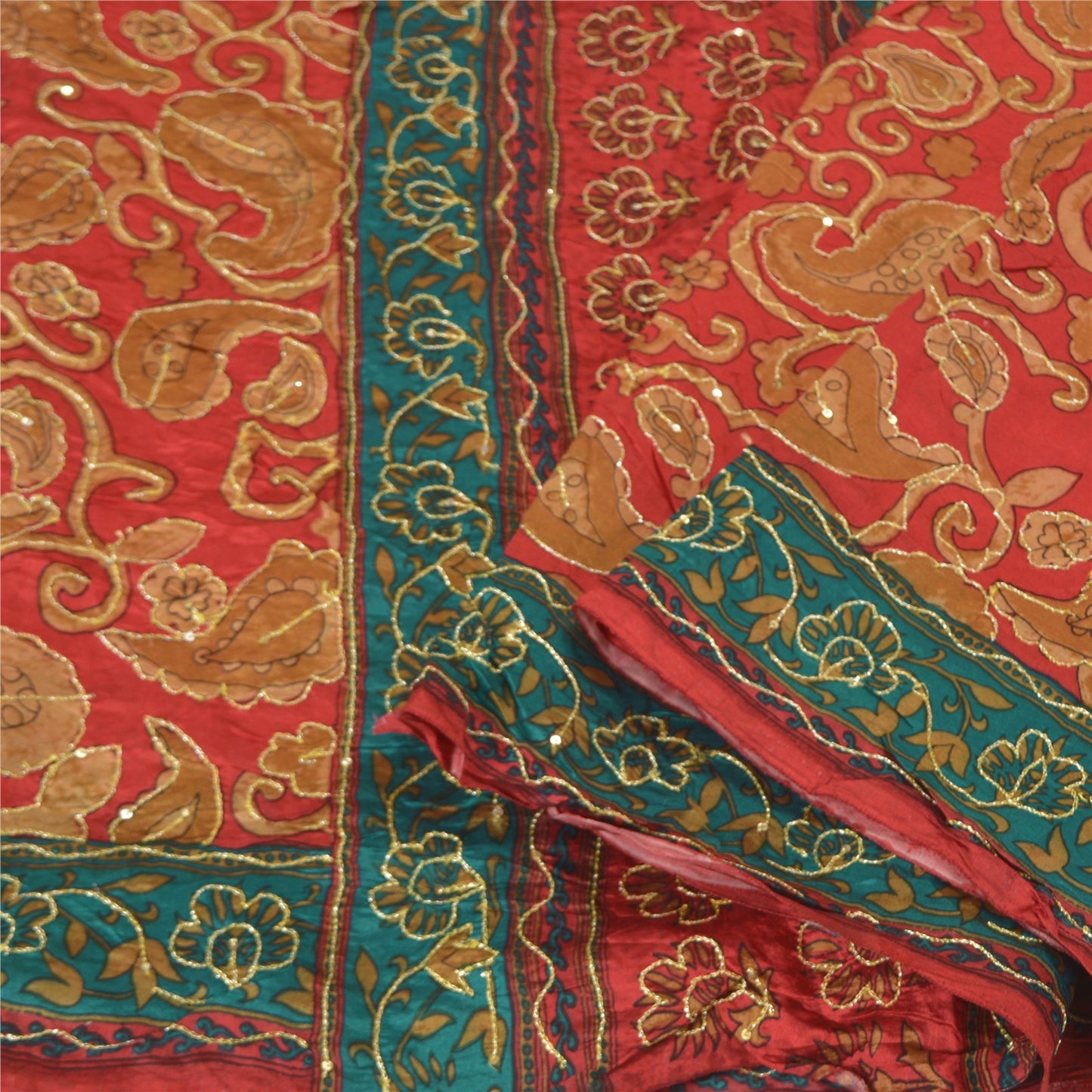 Sanskriti Vintage Red Indian Sarees 100% Pure Silk Hand Beaded Sari Craft Sustainable Fabric