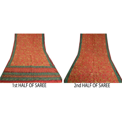 Sanskriti Vintage Red Indian Sarees 100% Pure Silk Hand Beaded Sari Craft Sustainable Fabric