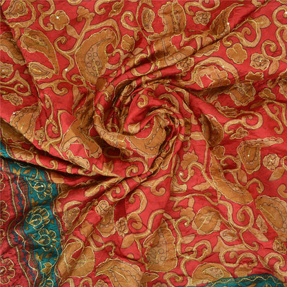 Sanskriti Vintage Red Indian Sarees 100% Pure Silk Hand Beaded Sari Craft Sustainable Fabric