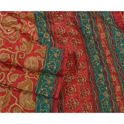 Sanskriti Vintage Red Indian Sarees 100% Pure Silk Hand Beaded Sari Craft Sustainable Fabric