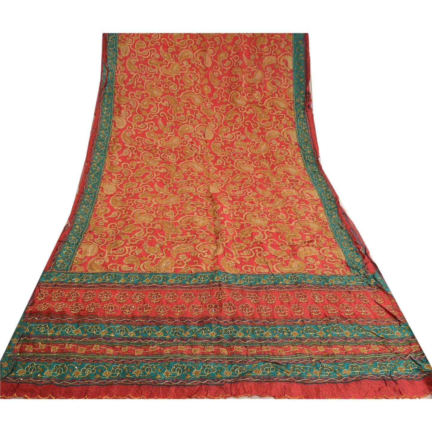 Sanskriti Vintage Red Indian Sarees 100% Pure Silk Hand Beaded Sari Craft Sustainable Fabric