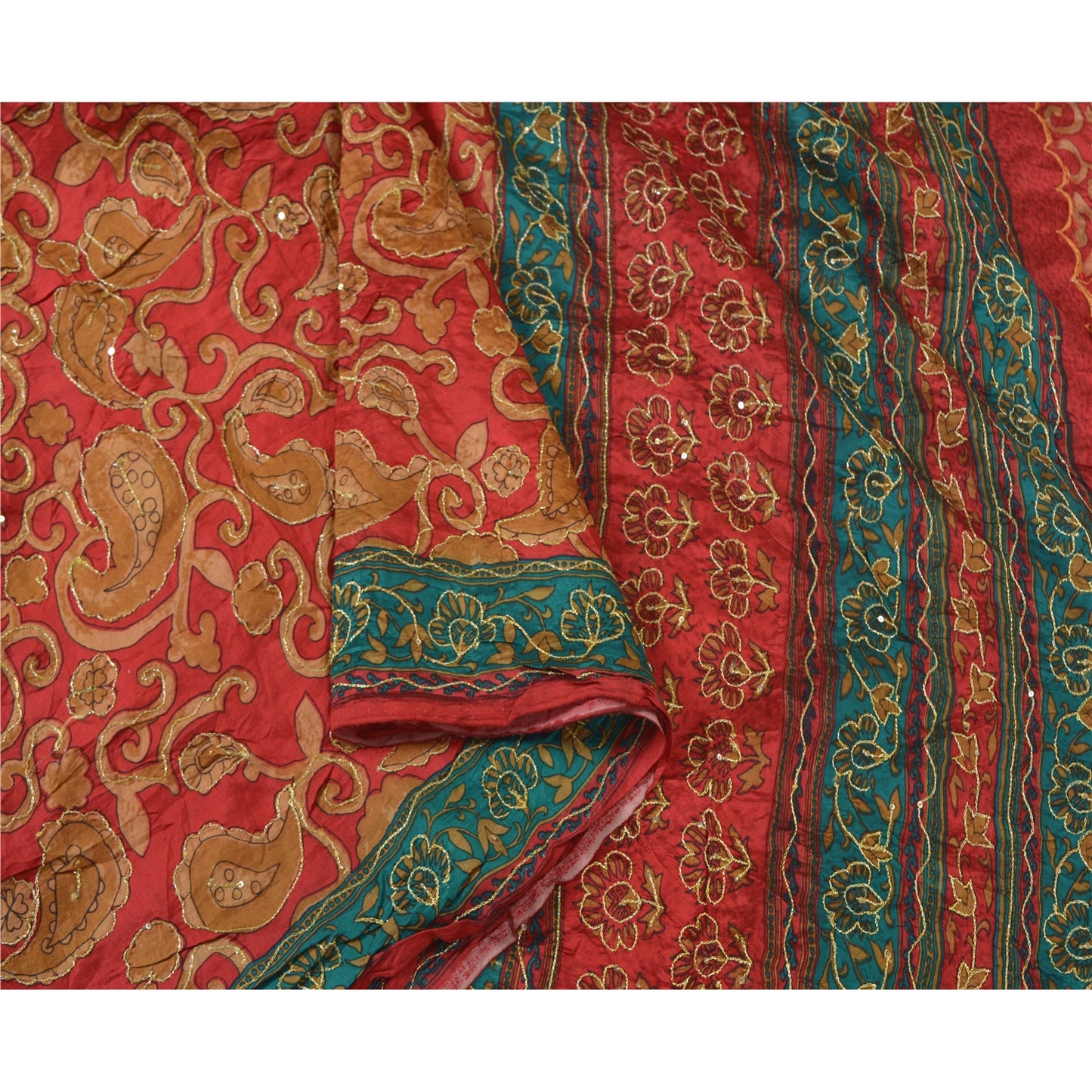 Sanskriti Vintage Red Indian Sarees 100% Pure Silk Hand Beaded Sari Craft Sustainable Fabric
