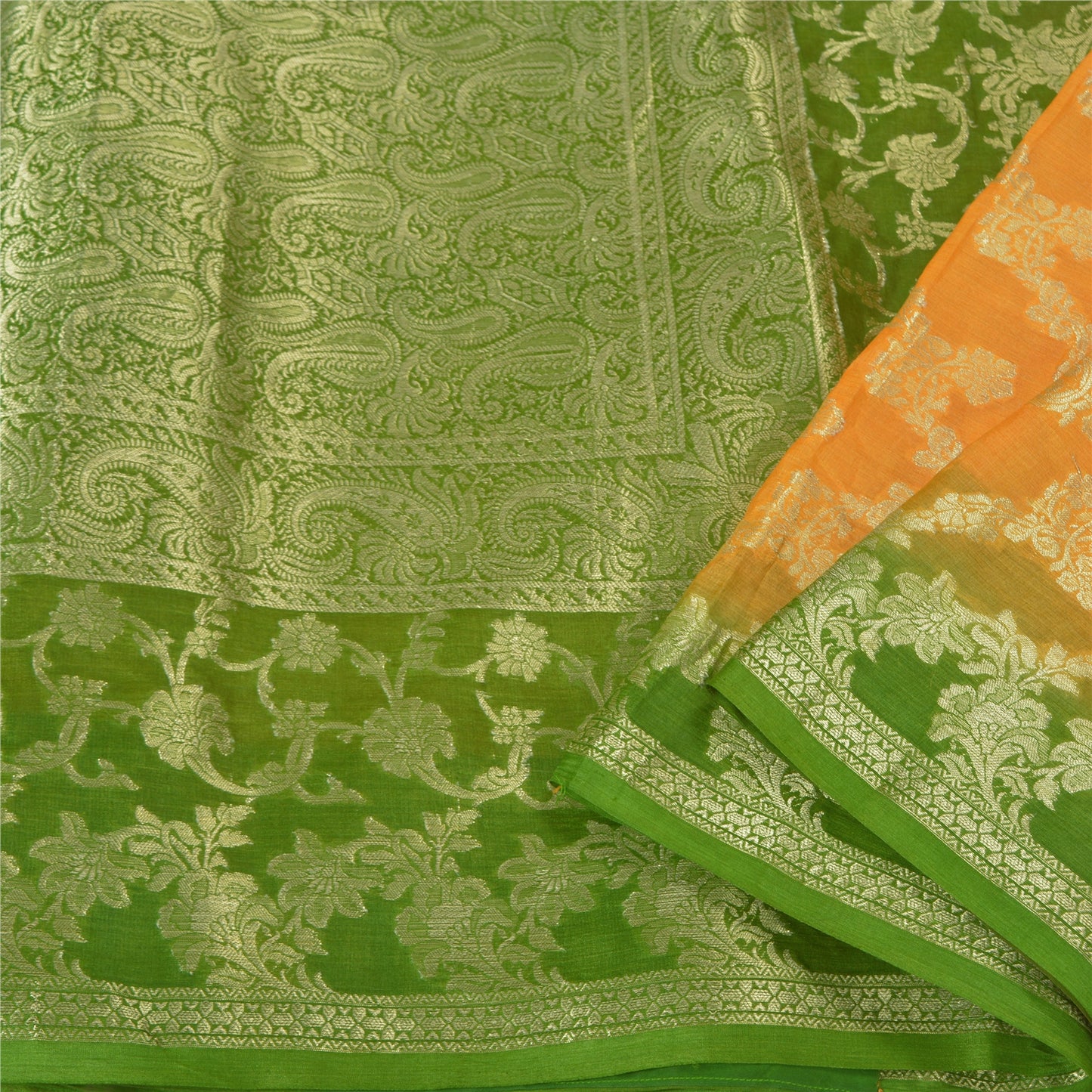 Sanskriti Vintage Saffron Sarees 100% Pure Silk Woven Premium Sari Craft Sustainable Fabric