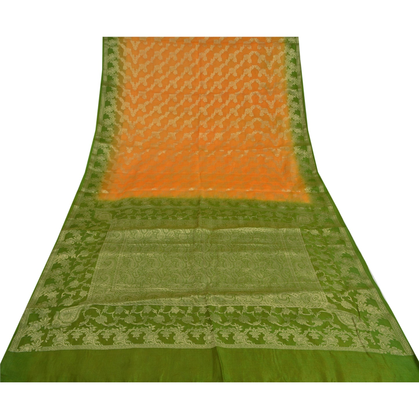 Sanskriti Vintage Saffron Sarees 100% Pure Silk Woven Premium Sari Craft Sustainable Fabric