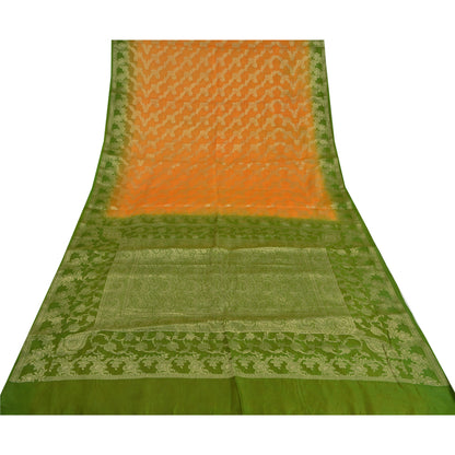 Sanskriti Vintage Saffron Sarees 100% Pure Silk Woven Premium Sari Craft Sustainable Fabric