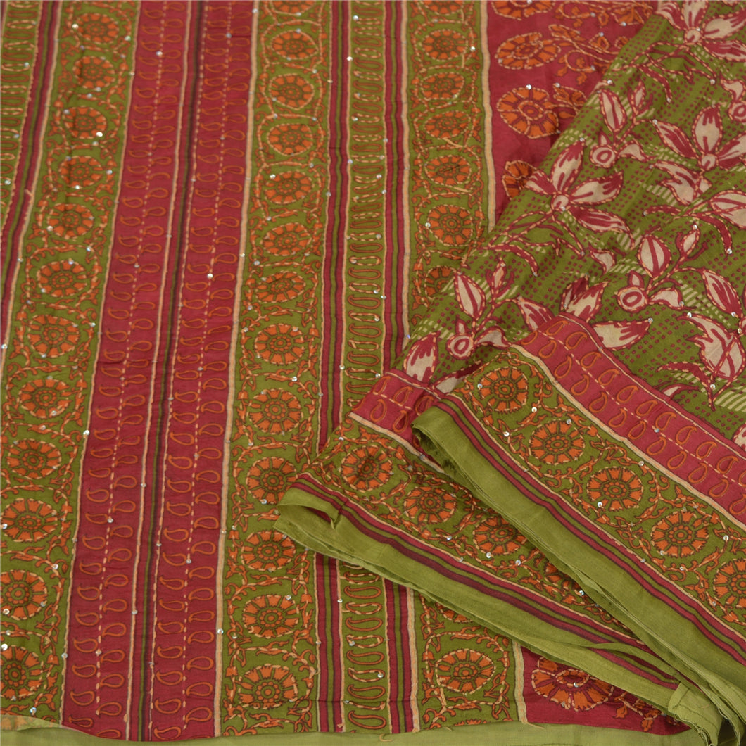 Sanskriti Vintage Dark Red Sarees 100% Pure Silk Hand Beaded Kantha Sari Fabric