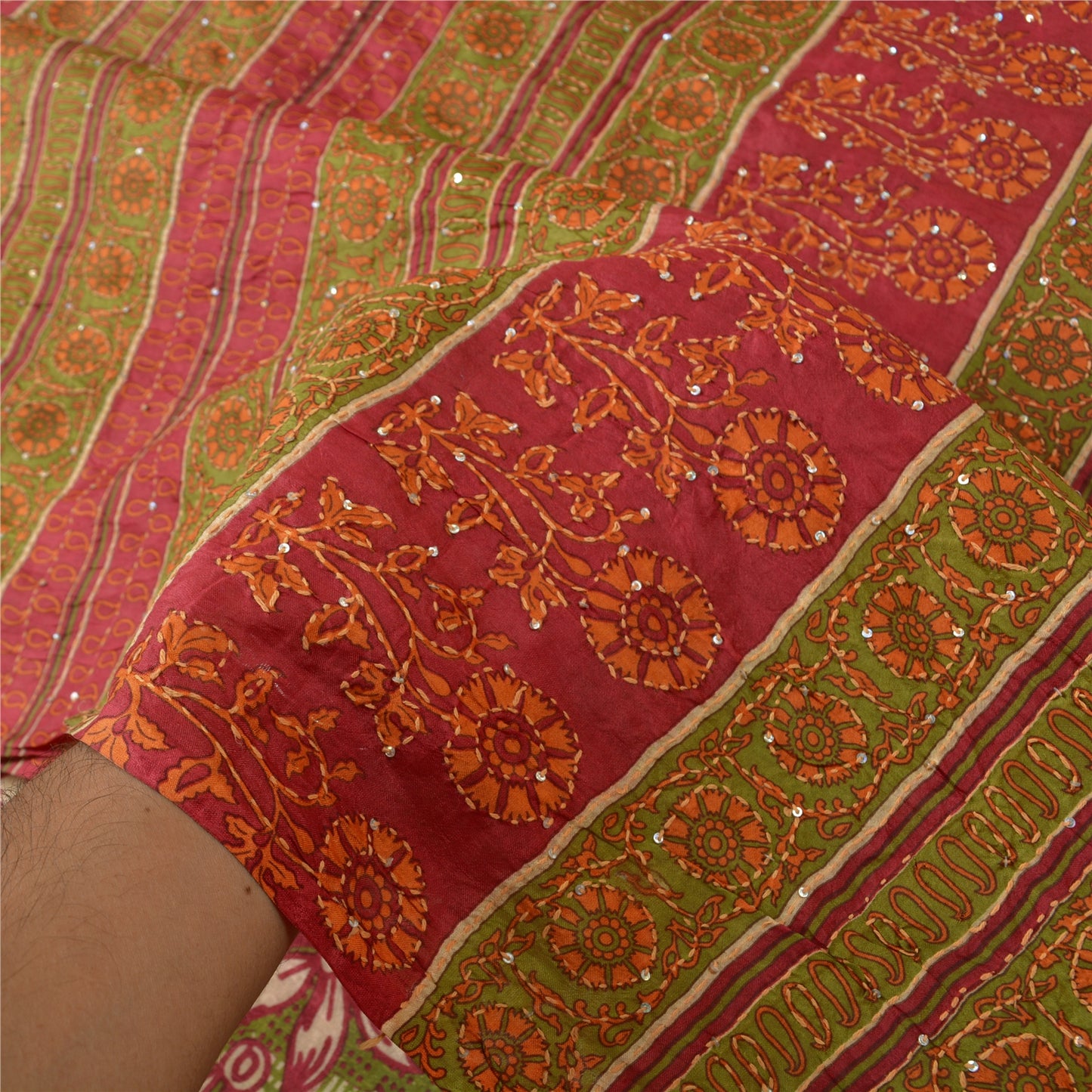 Sanskriti Vintage Dark Red Sarees 100% Pure Silk Hand Beaded Kantha Sari Sustainable Fabric