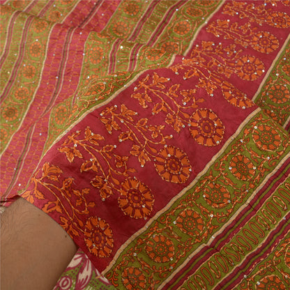 Sanskriti Vintage Dark Red Sarees 100% Pure Silk Hand Beaded Kantha Sari Sustainable Fabric