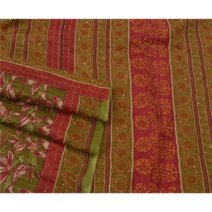 Sanskriti Vintage Dark Red Sarees 100% Pure Silk Hand Beaded Kantha Sari Sustainable Fabric