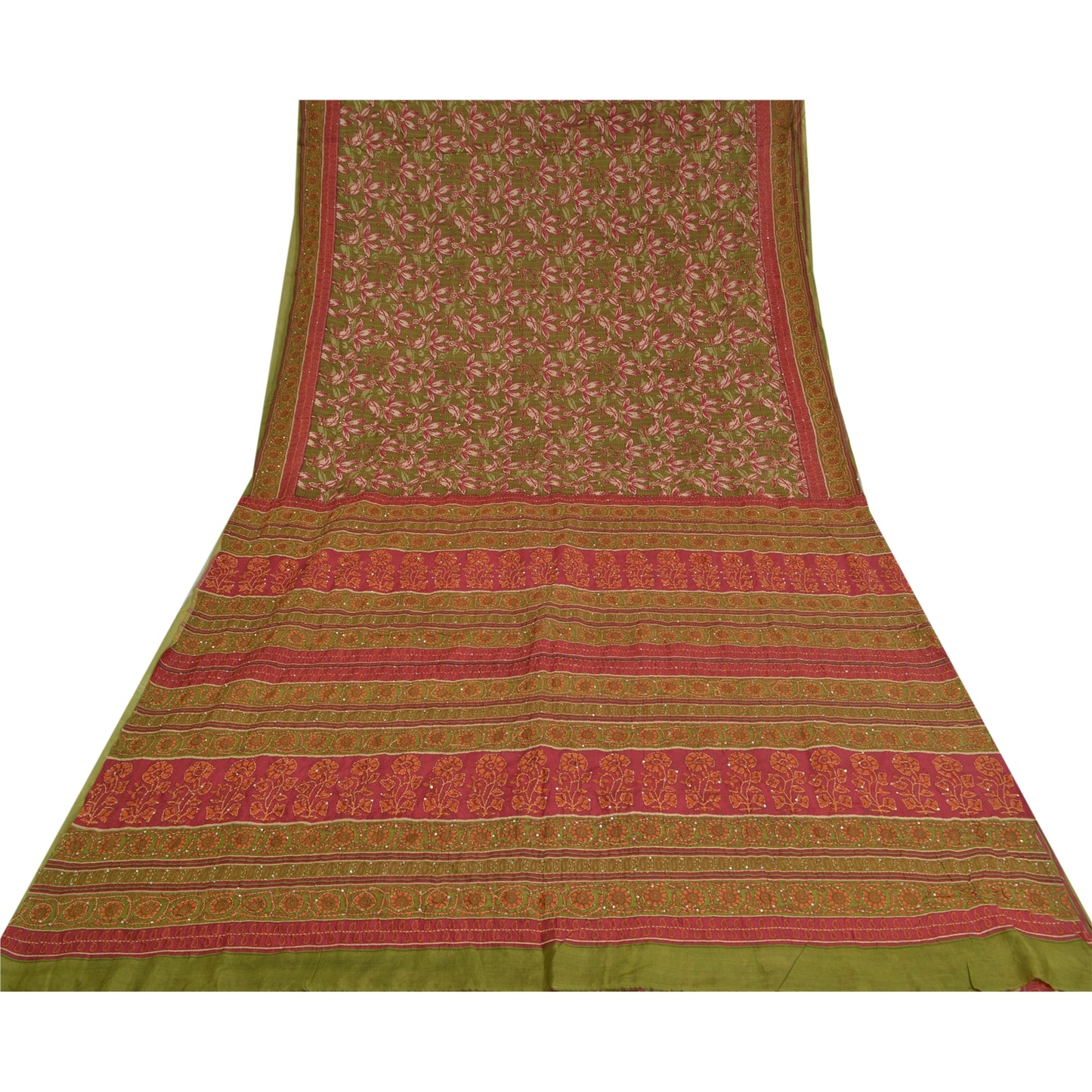 Sanskriti Vintage Dark Red Sarees 100% Pure Silk Hand Beaded Kantha Sari Sustainable Fabric