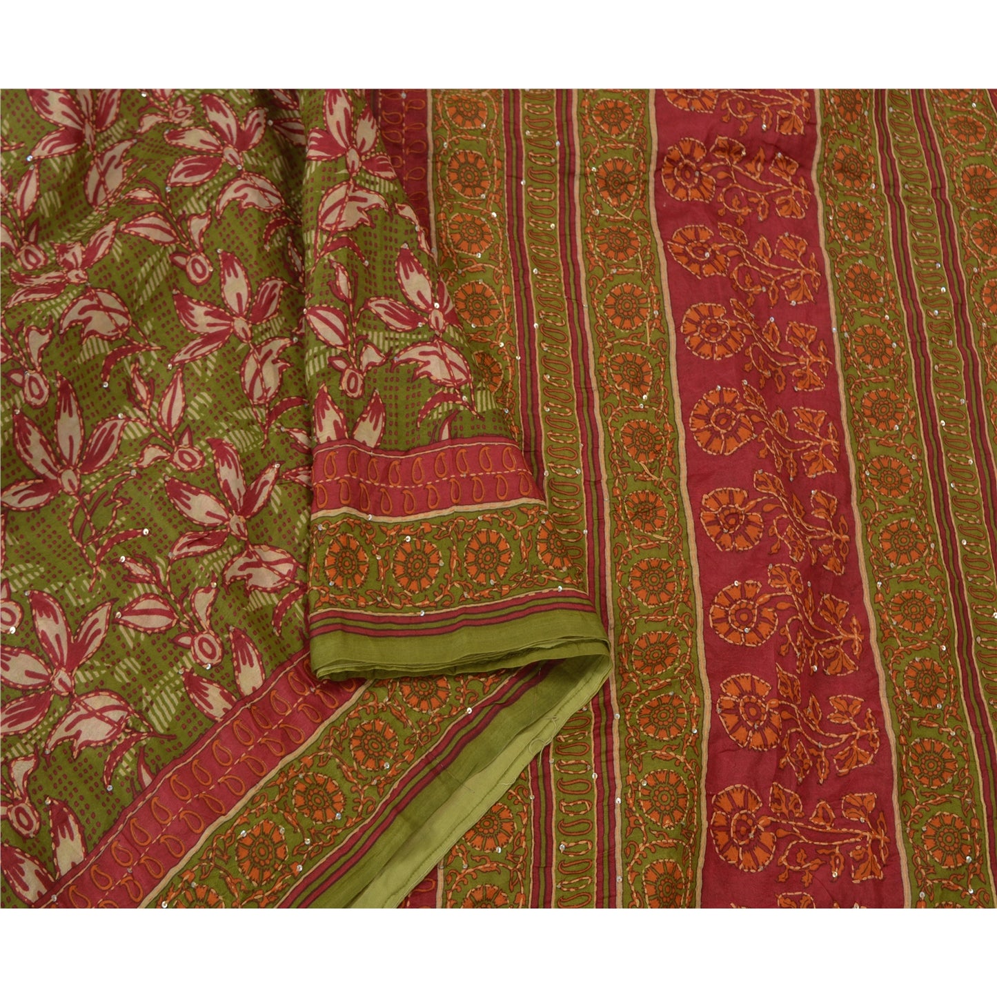 Sanskriti Vintage Dark Red Sarees 100% Pure Silk Hand Beaded Kantha Sari Sustainable Fabric