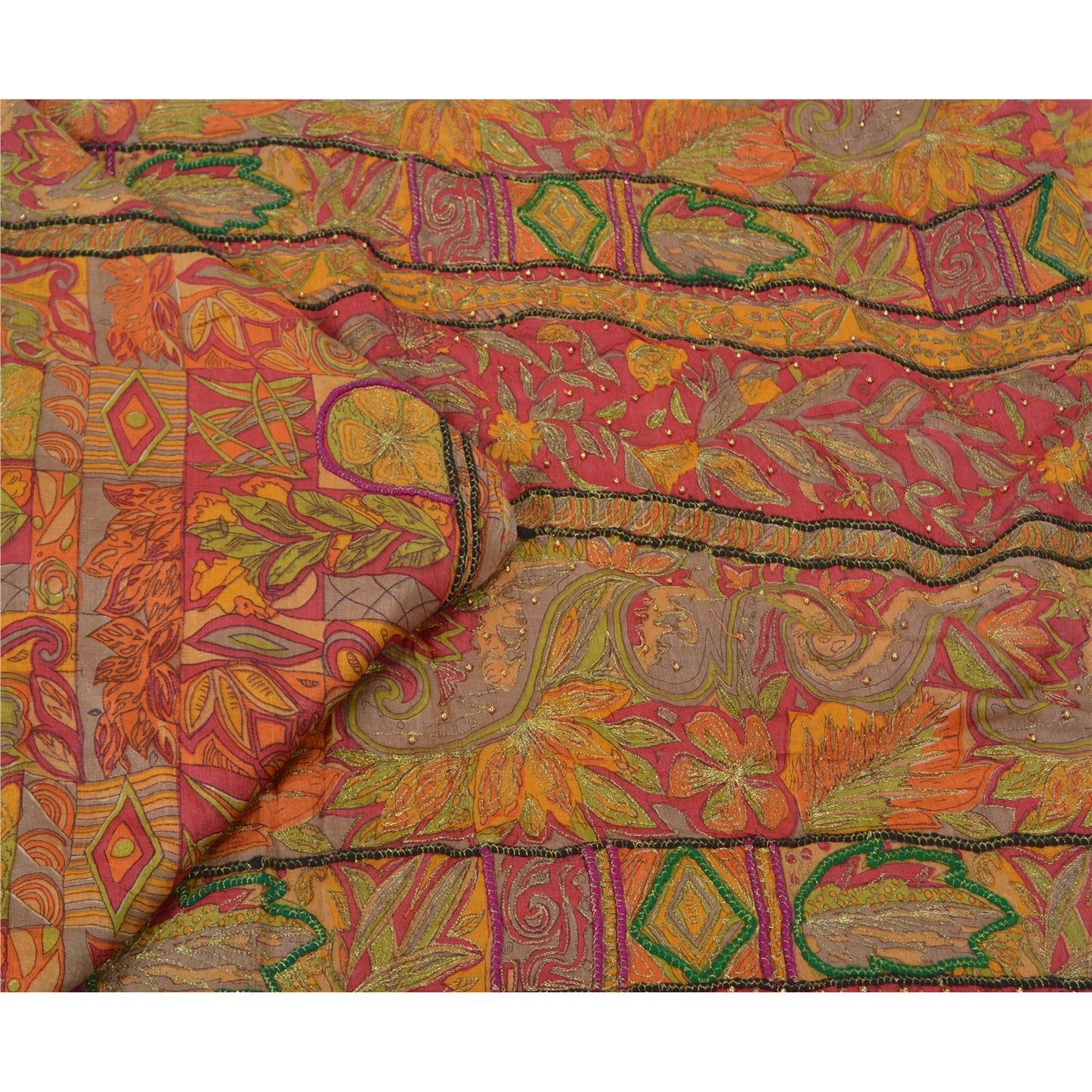 Sanskriti Vintage Indian Sarees 100% Pure Silk Hand Beaded Sari Craft Sustainable Fabric