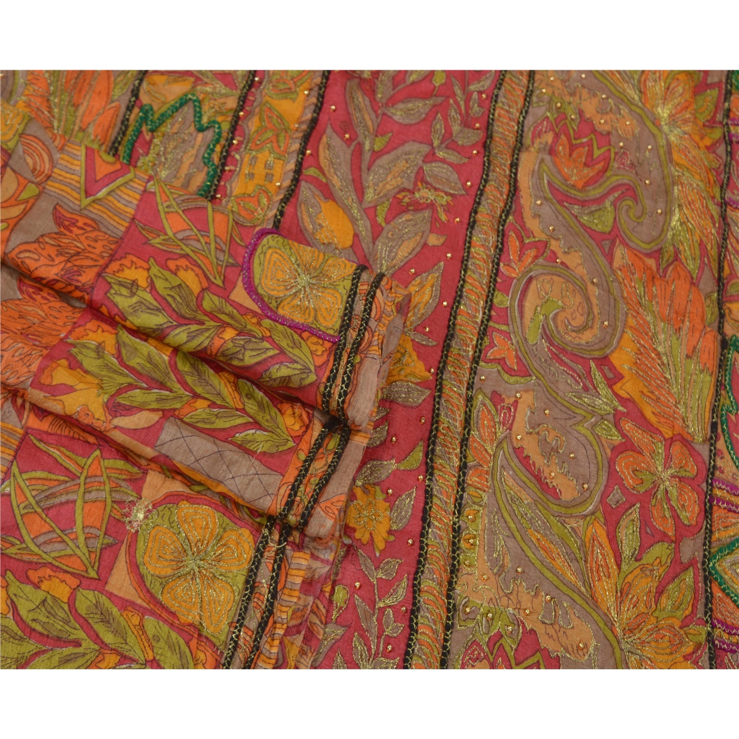 Sanskriti Vintage Indian Sarees 100% Pure Silk Hand Beaded Sari Craft Sustainable Fabric