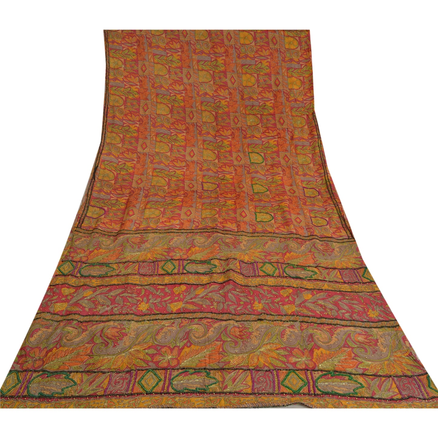 Sanskriti Vintage Indian Sarees 100% Pure Silk Hand Beaded Sari Craft Sustainable Fabric