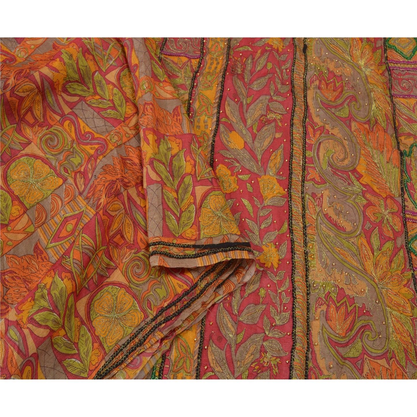 Sanskriti Vintage Indian Sarees 100% Pure Silk Hand Beaded Sari Craft Sustainable Fabric