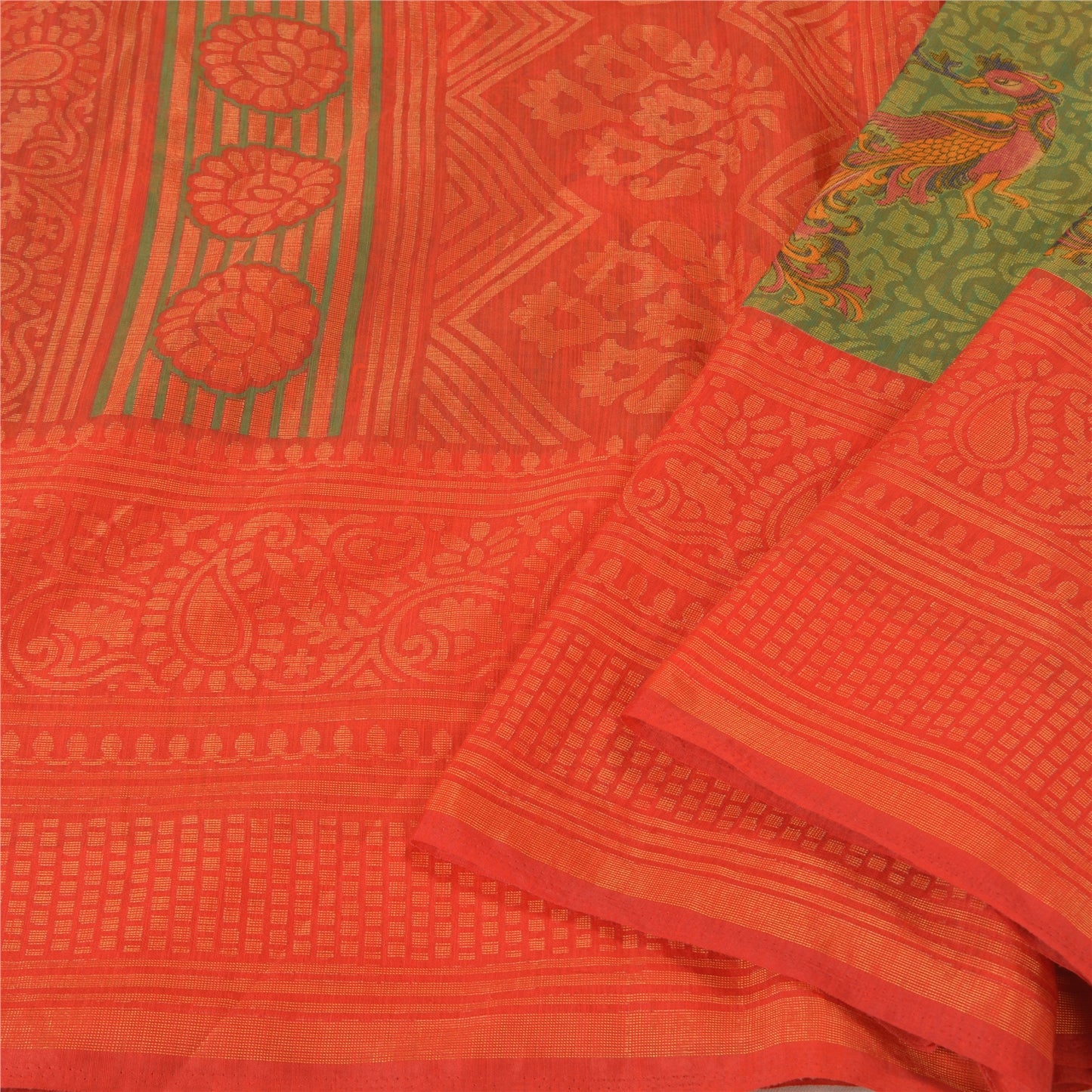 Sanskriti Vintage Green Indian Sarees Art Silk Woven Printed Sari Craft Sustainable Fabric