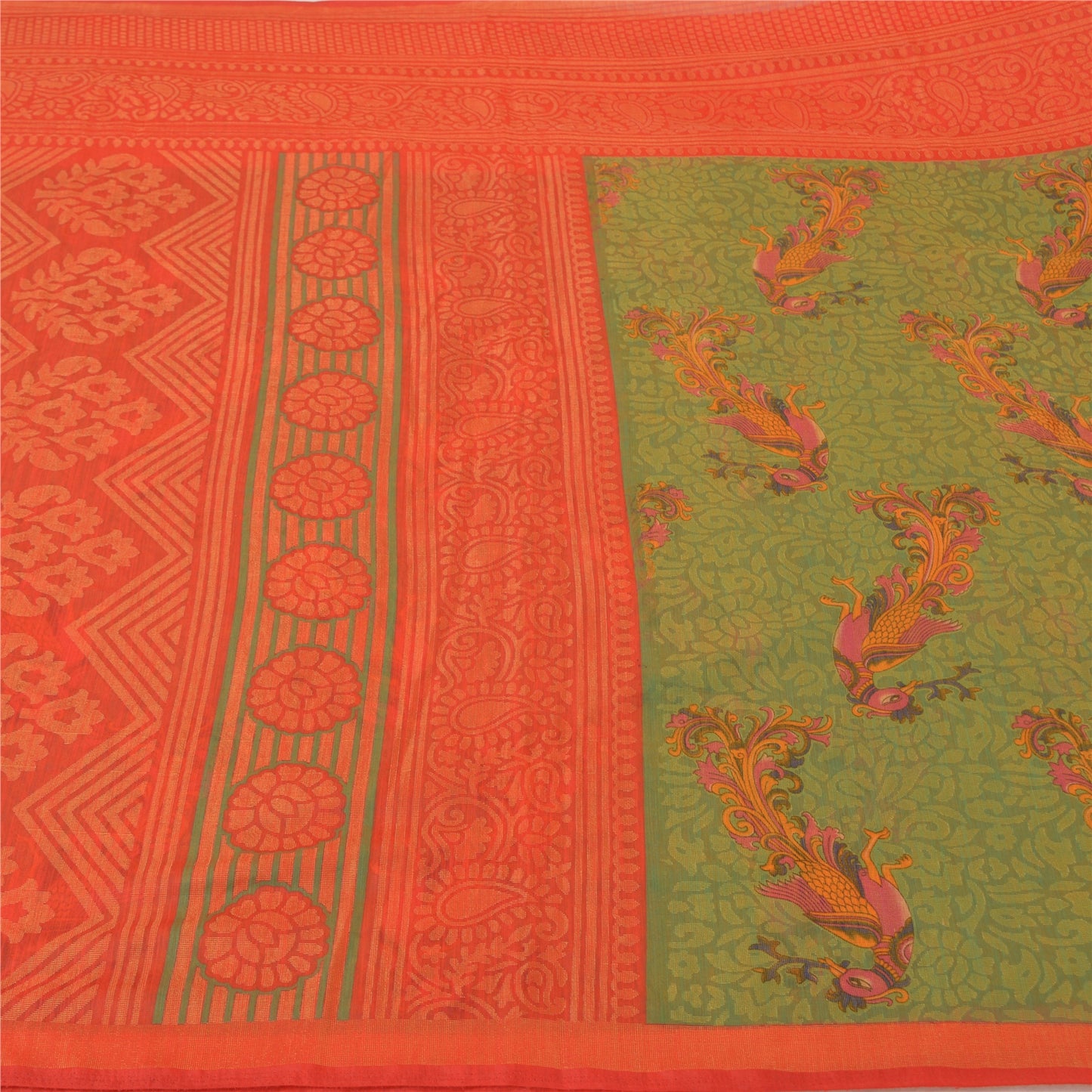 Sanskriti Vintage Green Indian Sarees Art Silk Woven Printed Sari Craft Sustainable Fabric