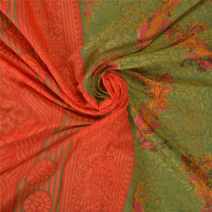 Sanskriti Vintage Green Indian Sarees Art Silk Woven Printed Sari Craft Sustainable Fabric
