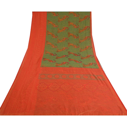 Sanskriti Vintage Green Indian Sarees Art Silk Woven Printed Sari Craft Sustainable Fabric