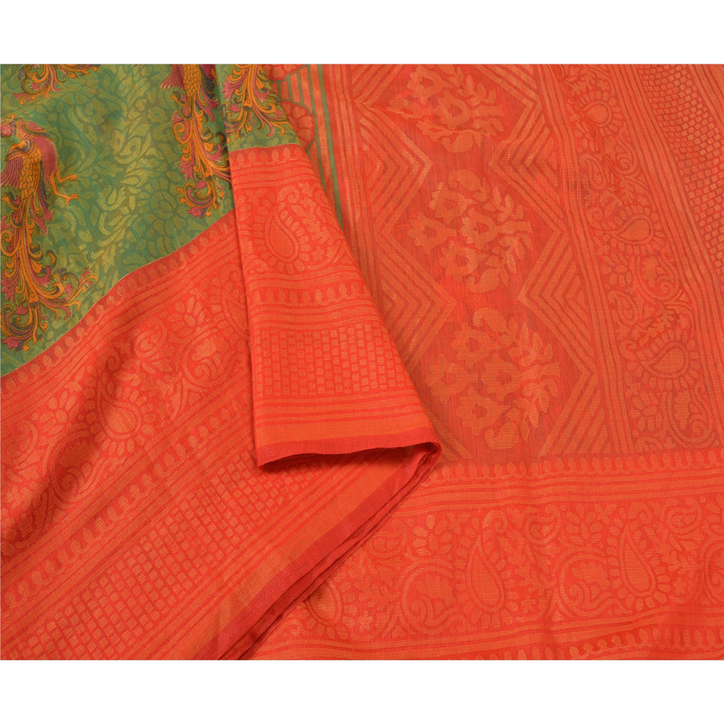 Sanskriti Vintage Green Indian Sarees Art Silk Woven Printed Sari Craft Sustainable Fabric