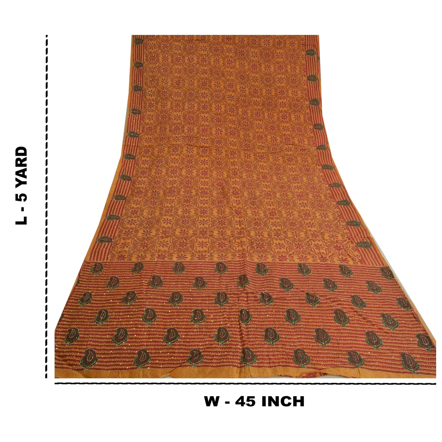 Sanskriti Vintage Saffron Sarees 100% Pure Silk Hand Beaded Kantha Sari Sustainable Fabric