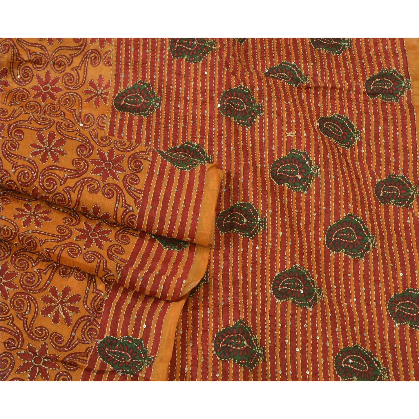 Sanskriti Vintage Saffron Sarees 100% Pure Silk Hand Beaded Kantha Sari Sustainable Fabric