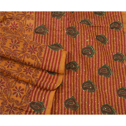 Sanskriti Vintage Saffron Sarees 100% Pure Silk Hand Beaded Kantha Sari Sustainable Fabric