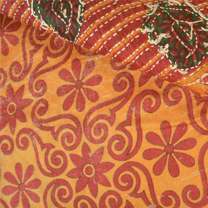 Sanskriti Vintage Saffron Sarees 100% Pure Silk Hand Beaded Kantha Sari Sustainable Fabric