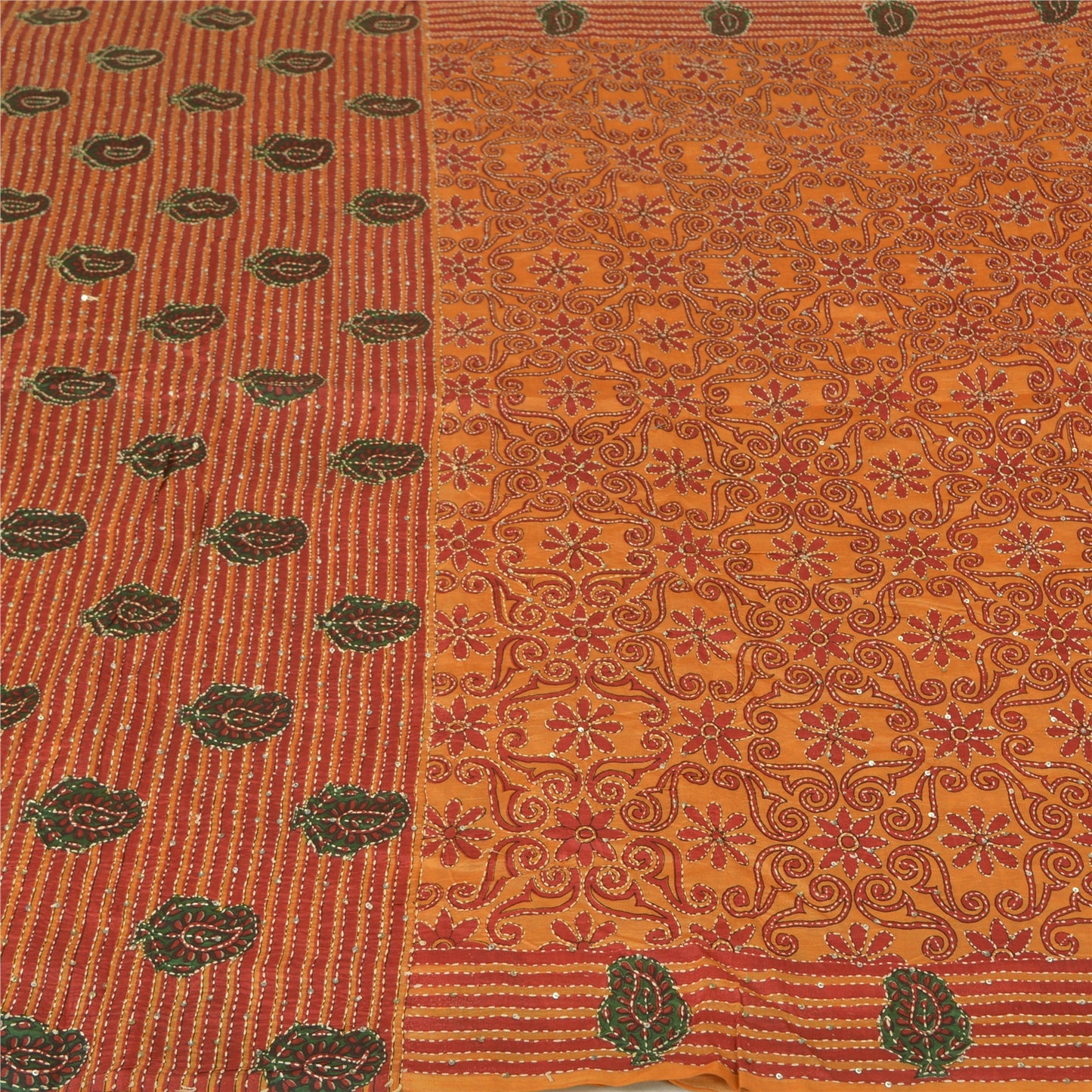 Sanskriti Vintage Saffron Sarees 100% Pure Silk Hand Beaded Kantha Sari Sustainable Fabric