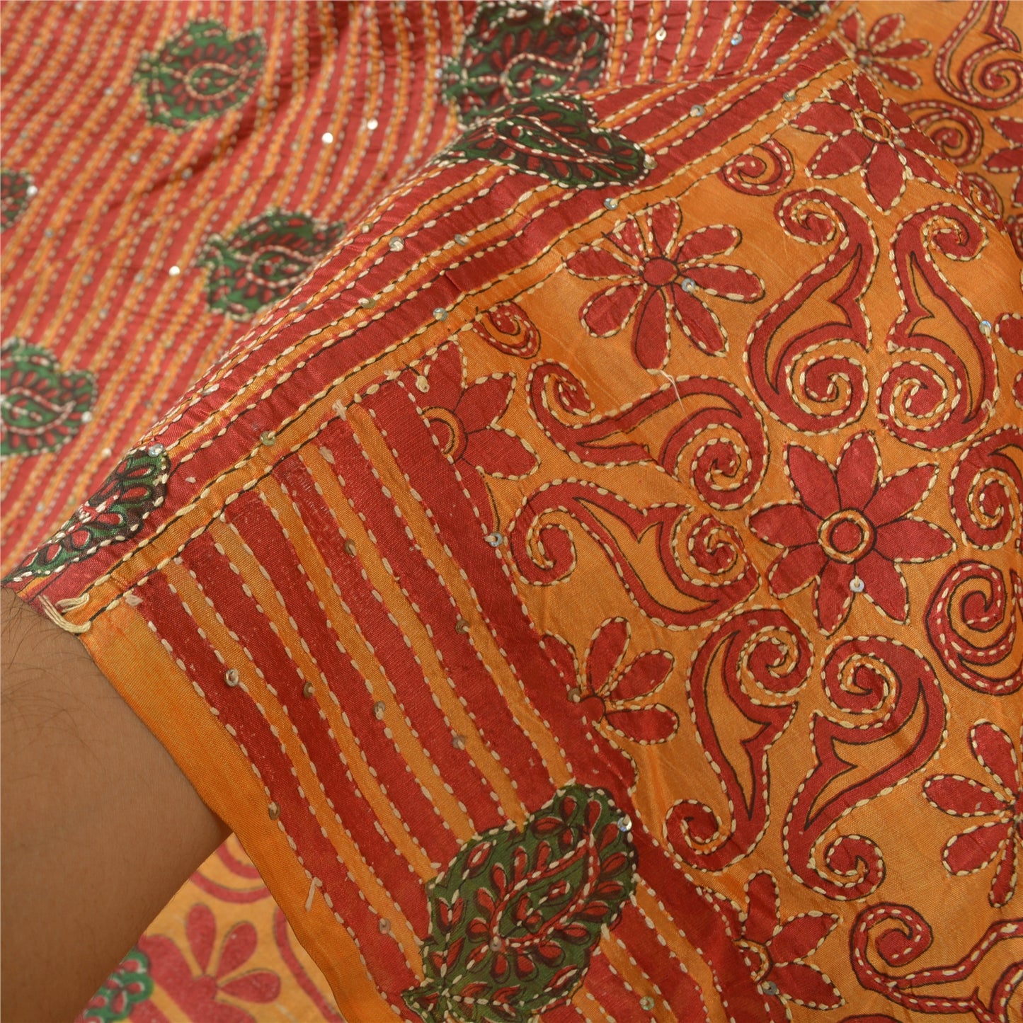 Sanskriti Vintage Saffron Sarees 100% Pure Silk Hand Beaded Kantha Sari Sustainable Fabric