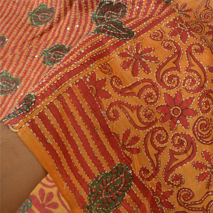 Sanskriti Vintage Saffron Sarees 100% Pure Silk Hand Beaded Kantha Sari Sustainable Fabric