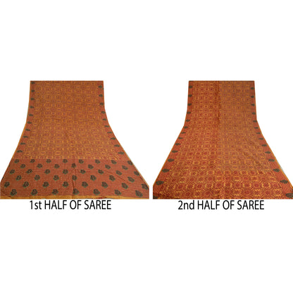 Sanskriti Vintage Saffron Sarees 100% Pure Silk Hand Beaded Kantha Sari Sustainable Fabric
