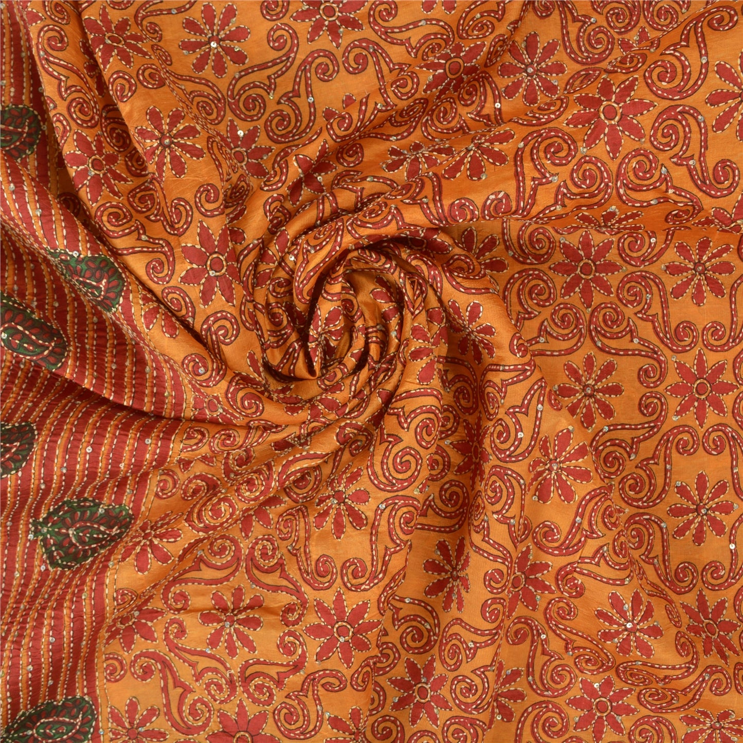 Sanskriti Vintage Saffron Sarees 100% Pure Silk Hand Beaded Kantha Sari Sustainable Fabric