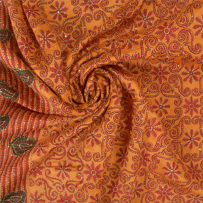 Sanskriti Vintage Saffron Sarees 100% Pure Silk Hand Beaded Kantha Sari Sustainable Fabric