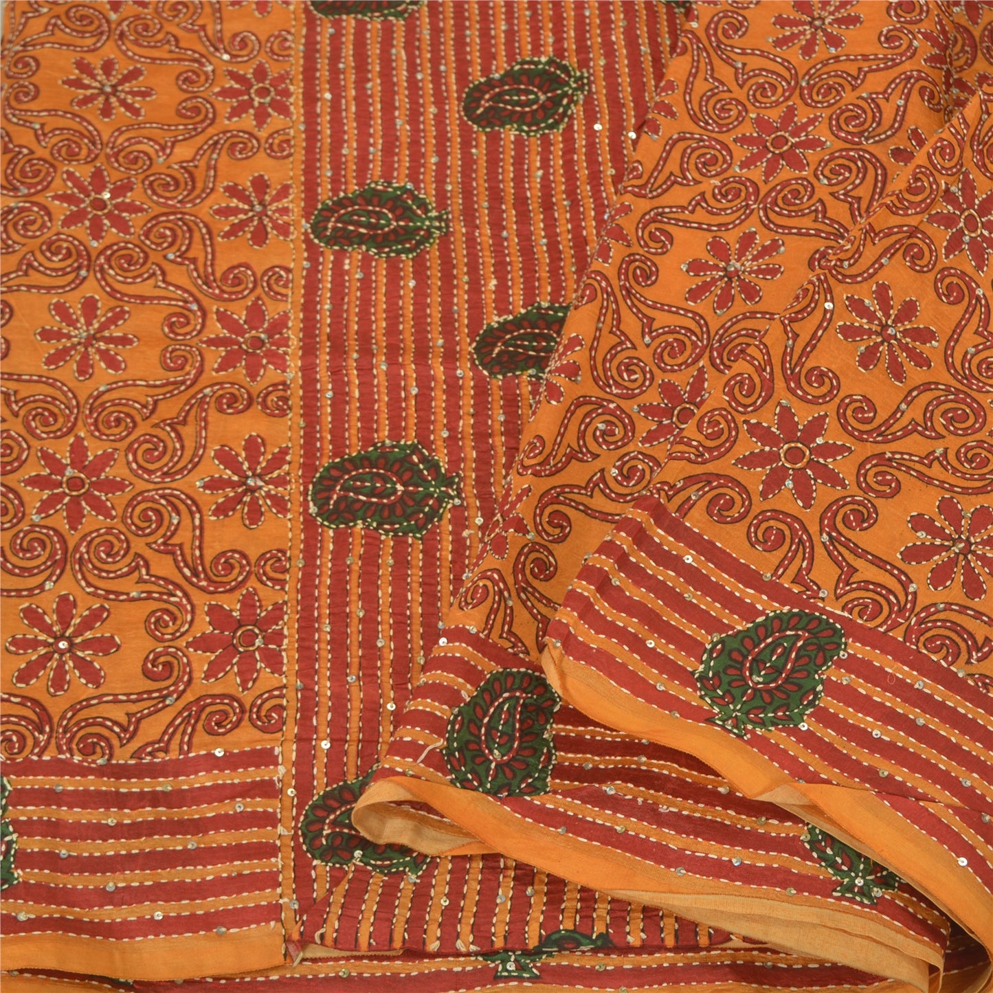 Sanskriti Vintage Saffron Sarees 100% Pure Silk Hand Beaded Kantha Sari Sustainable Fabric