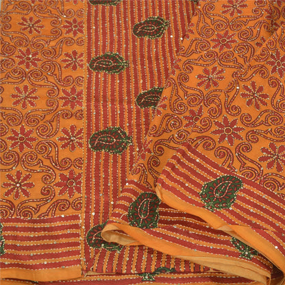 Sanskriti Vintage Saffron Sarees 100% Pure Silk Hand Beaded Kantha Sari Sustainable Fabric