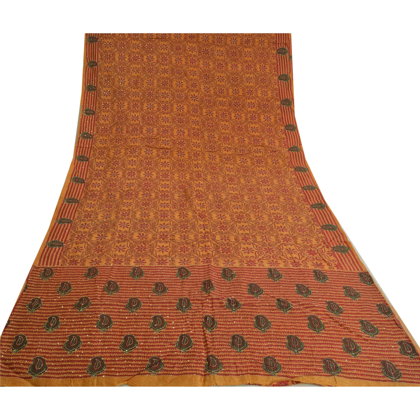 Sanskriti Vintage Saffron Sarees 100% Pure Silk Hand Beaded Kantha Sari Sustainable Fabric