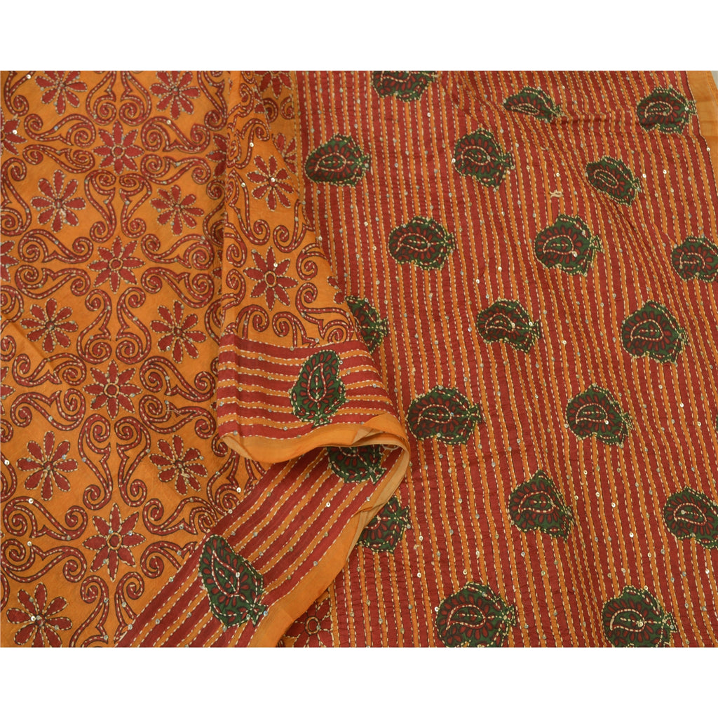 Sanskriti Vintage Saffron Sarees 100% Pure Silk Hand Beaded Kantha Sari Sustainable Fabric